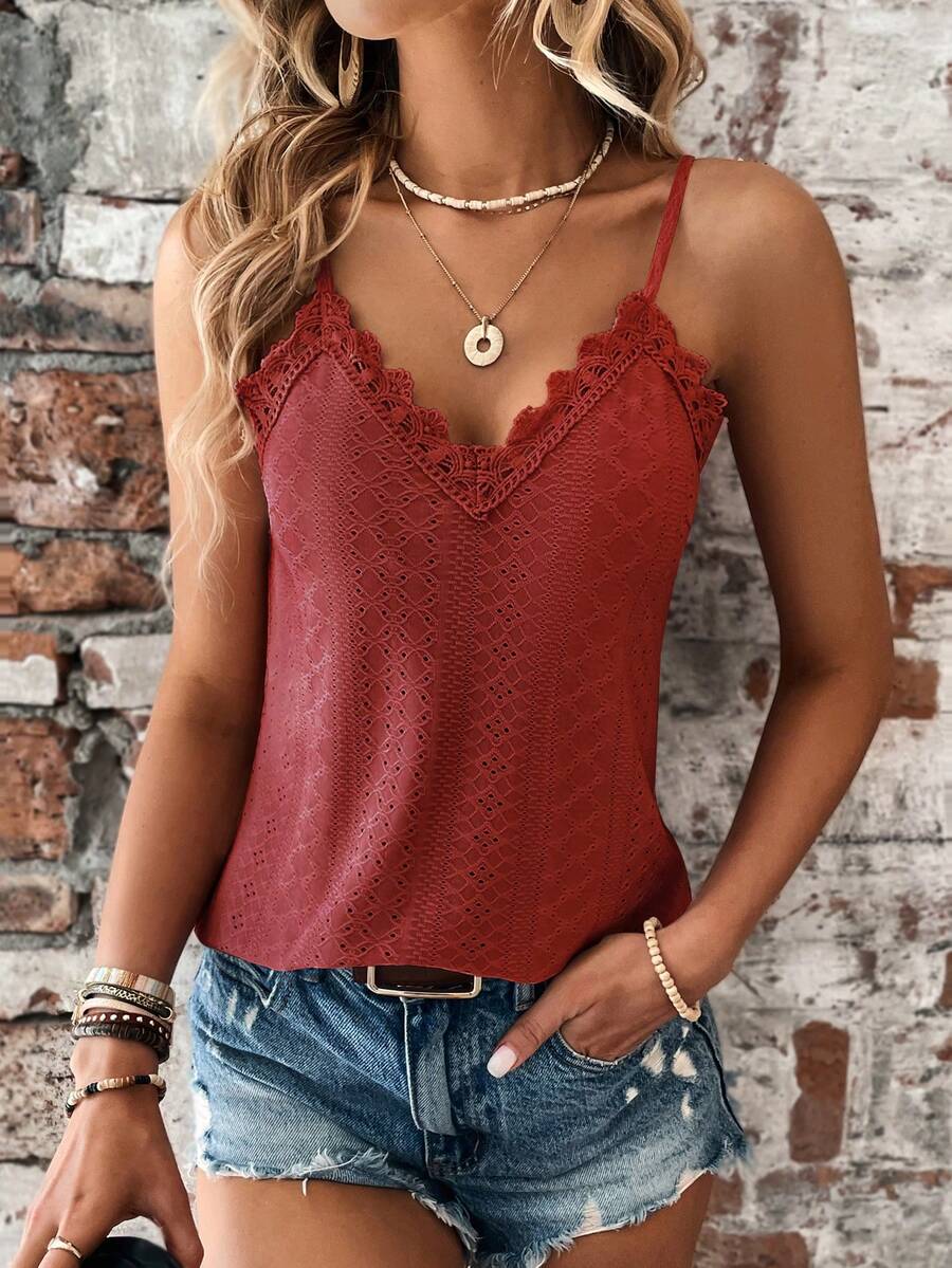EMERY ROSE Solid Color Lace Patchwork Casual Daily Camisole - Burgundy - View 1