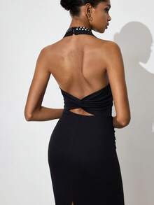 Gossip Girl X SHEIN SHEIN Maija Women's Rivet Decor Ruched Waist Elegant Midi Dress For Party Dinner Party Night And Occasion,Going Out Outfits,Black And White - Black - View 7