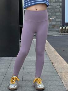 Dazy Kids Leggings décontractés de couleur unie pour jeune fille, convenant pour le port quotidien et les sports - Parme - Voir 1