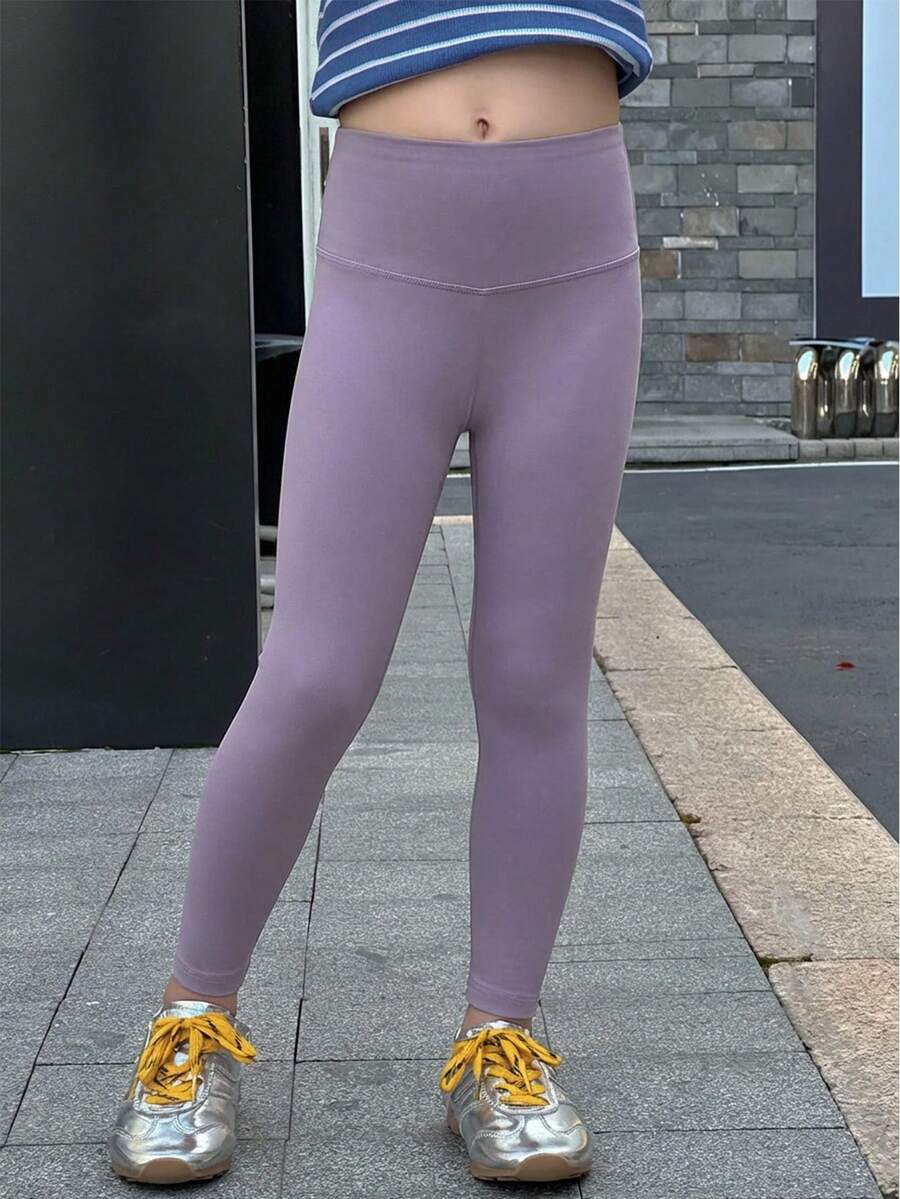 Dazy Kids Leggings décontractés de couleur unie pour jeune fille, convenant pour le port quotidien et les sports - Parme - Voir 1