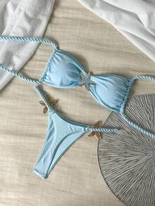 Swim Mod 2件套渐变随机花卉印花绳饰蓝色海星抹胸比基尼泳衣套装，性感女士夏季度假泳装沙滩邮轮旅行两件套泳衣 - 淺藍色 - 查看 6