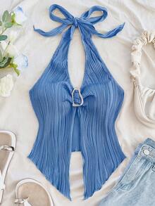 SHEIN Tall CURVE Blusa sin mangas de verano de unicolor con cuello halter, de moda y casual, talla grande - Azul - Ver 5