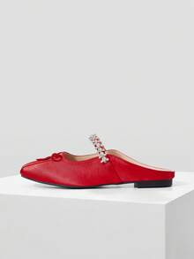 MOTF BAILARINAS MARY JANE CON PUNTA CUADRADA Y DETALLES DE RHINESTONES PARA NAVIDAD - Rosa Roja - Ver 2