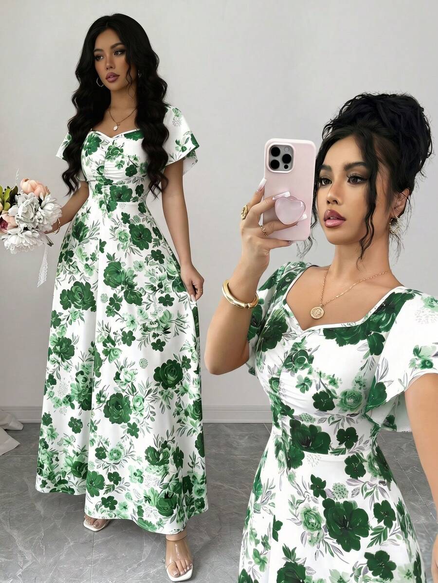 SHEIN Elenzya 女款白色碎花夏季優雅婚禮賓客玫瑰小碎花前褶皺荷葉袖A字長洋裝,休閒度假時尚復古 - 彩色 - 查看 1