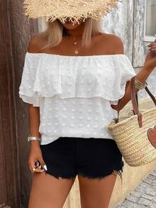 Breezaya Plus Size Women's Jacquard Casual Shirt, Suitable For Dates, Romantic, Daily Wear, Fashion, Commuting, Spring/Summer - White - View 1