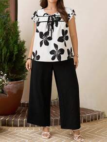 Comfylo Conjunto de 2 piezas de blusa con estampado floral y pantalón de unicolor talla grande - Blanco y Negro - Ver 3
