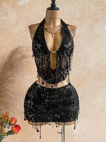Soleia 2pcs/Set Fitted Shiny Tassel Sequin Halter Top And Mini Skirt Set, Suitable For Music Festivals, Parties, Chinese Red, Annual Meetings, Christmas, Halloween - Black - View 7