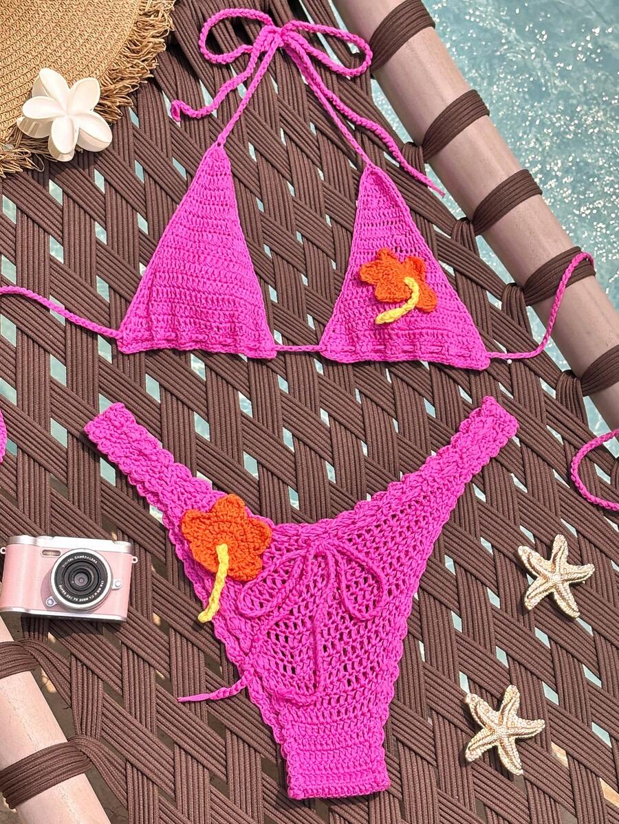 Swim Mod Áo khoác ngoài dệt kim móc thủ công họa tiết hoa 3D gợi cảm, dễ thương dành cho nữ, thích hợp cho kỳ nghỉ biển mùa xuân/hè. - Màu Hồng Tươi - Xem 1
