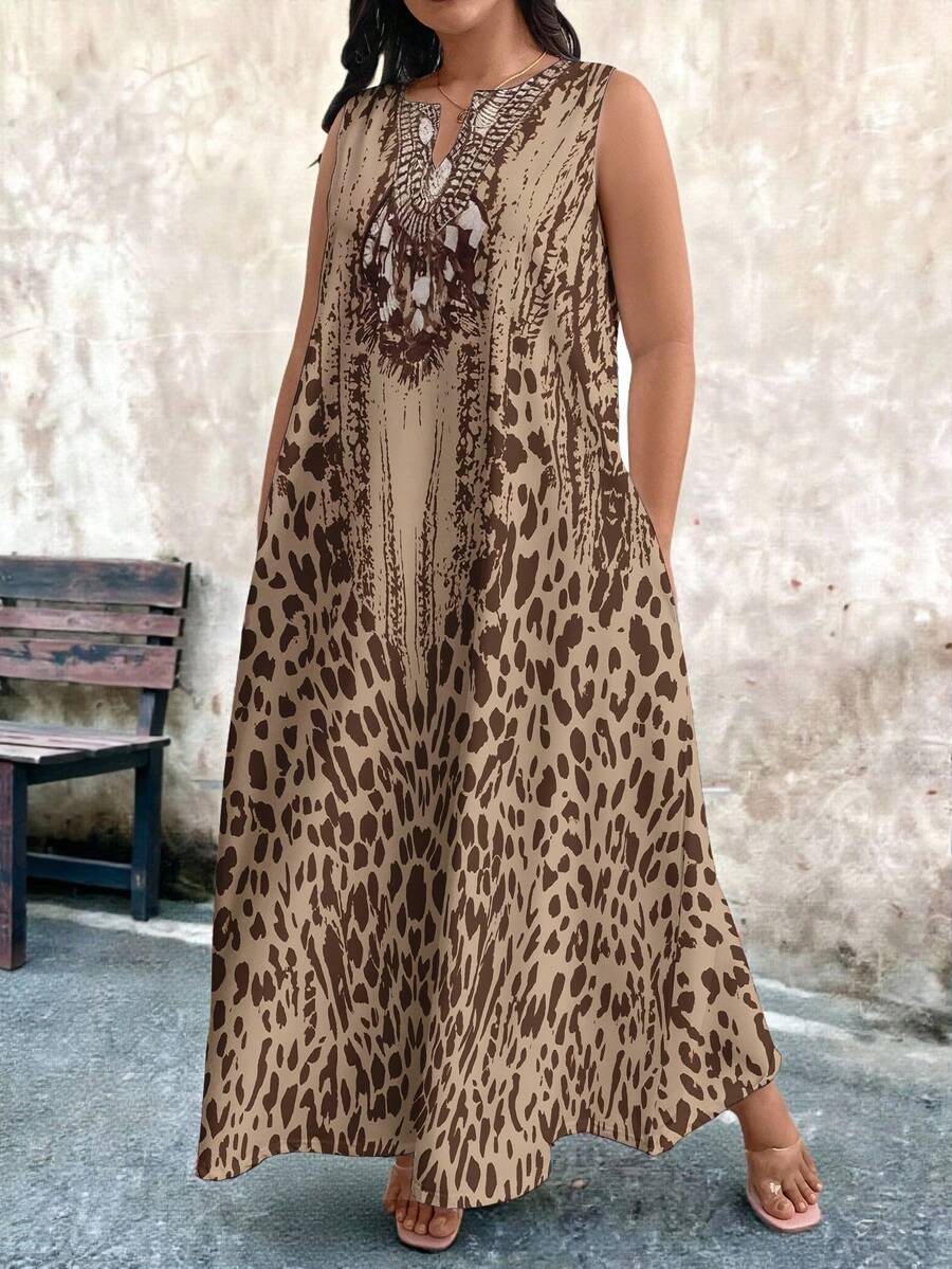 EMERY ROSE Gaun Fashion Tanpa Lengan Ukuran Besar untuk Wanita dengan Leher V dan Motif Leopard - MultiWarna - View 1