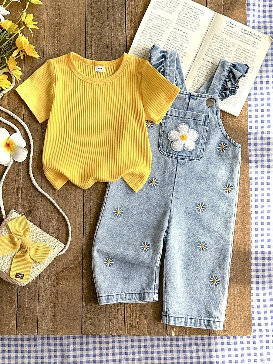 SHEIN Vintaside Kids 1 pieza Mono vaquero casual y lindo con bordado floral y tirantes para bebé niña, adecuado para salidas y fiestas - Azul - Ver 1