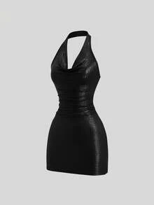 Sweetra Women's Summer Fashion Solid Color Textured Halter Backless Bodycon Dress - Black - View 4