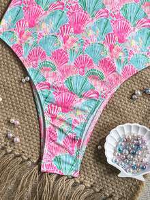 Swim Vcay Swim Bonvoyette 连体泳衣，彩色贝壳随机印花，细肩带，深V露背交叉设计，高开衩性感款式，适合春夏度假 - 彩色 - 查看 4
