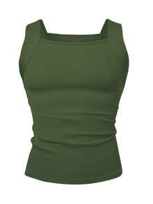 Manfinity Dauomo Men's Solid Color Square Neck Sleeveless Knit Vest, Casual Suitable For Sports And Outdoor Activities - Army Green - View 2