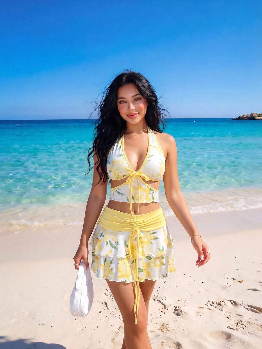 Sweetina Bộ đồ 2 món dễ thương in họa tiết hoa dâm bụt dành cho nữ, gồm áo tank top hở lưng cổ yếm khoét lỗ và chân váy mini xếp ly thắt eo, thích hợp cho mùa hè. - Màu vàng - Xem 1