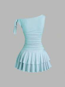 Sweetra Women's Solid Color Asymmetric Shoulder Ruffle Trim Fitted Summer Dress - Cadet Blue - View 2