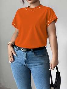 Elenzga Plus Size Versatile Embellished Faux Pearl Embroidered Short Sleeve T-Shirt - Orange - View 3