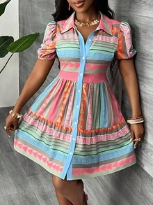 SHEIN PETITE CURVE Vestido holgado de manga acampanada con estampado geométrico, estilo vacacional, talla grande, verano - Multicolor - Ver 5