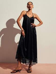 Poéselle Women's Loose Lace Hem Backless Halter Dress,Black Dress ,Lace-Trimmed Long Dress,Holiday Outfits Women,Summer Dress Holiday Vacation Elegant - Black - View 1