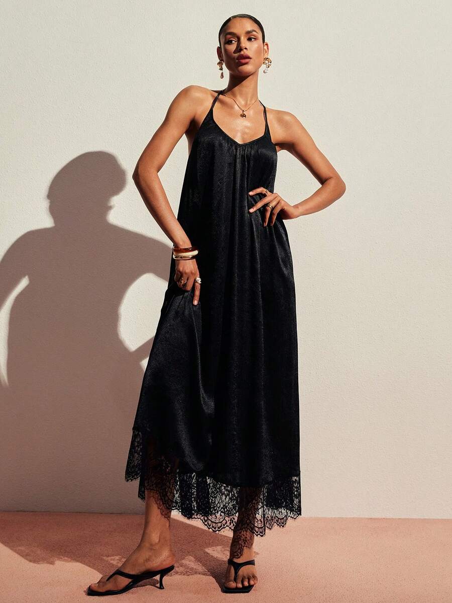 Poéselle Women's Loose Lace Hem Backless Halter Dress,Black Dress ,Lace-Trimmed Long Dress,Holiday Outfits Women,Summer Dress Holiday Vacation Elegant - Black - View 1