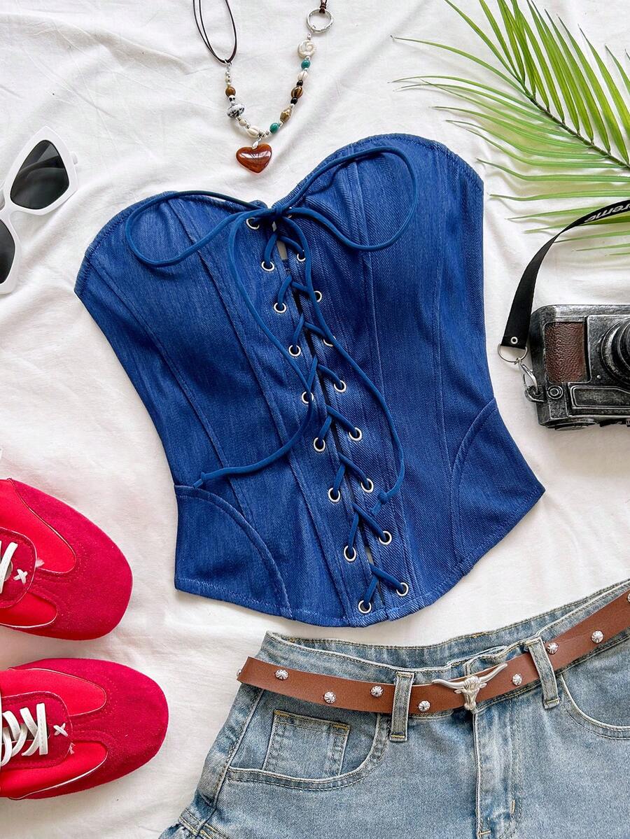Soleia Áo croptop da lộn gợi cảm buộc dây cổ, đính đinh tán, kiểu dáng phá cách, thích hợp cho kỳ nghỉ, hẹn hò, tiệc trà chiều, du lịch, lễ hội âm nhạc, phong cách bohemian, du thuyền, bãi biển, trang phục mùa hè. - Màu xanh lam - Xem 1