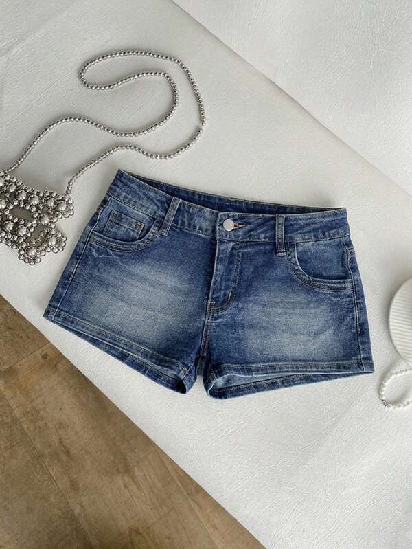Elamini Quần short denim siêu ngắn cạp cực thấp kiểu vintage dành cho nữ