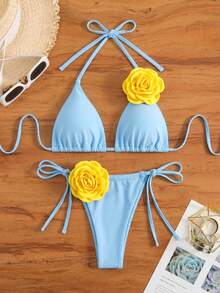 Bộ bikini đen gợi cảm dành cho nữ, kiểu tam giác, cổ yếm, họa tiết hoa 3D. - Nhiều màu - Xem 2