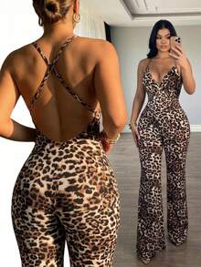 SHEIN SXY Women's Summer Leopard Print Flared Sexy Cami Jumpsuit - Brown - View 6