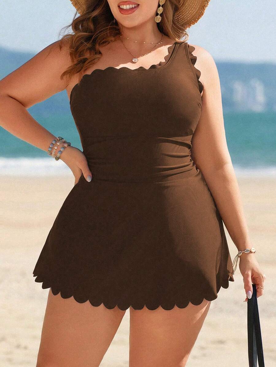SHEIN Swim Lushore Plus Size Solid Color Floral Trim Asymmetric Hem Sexy Beach Party Swimsuit Dress - Brown - View 1
