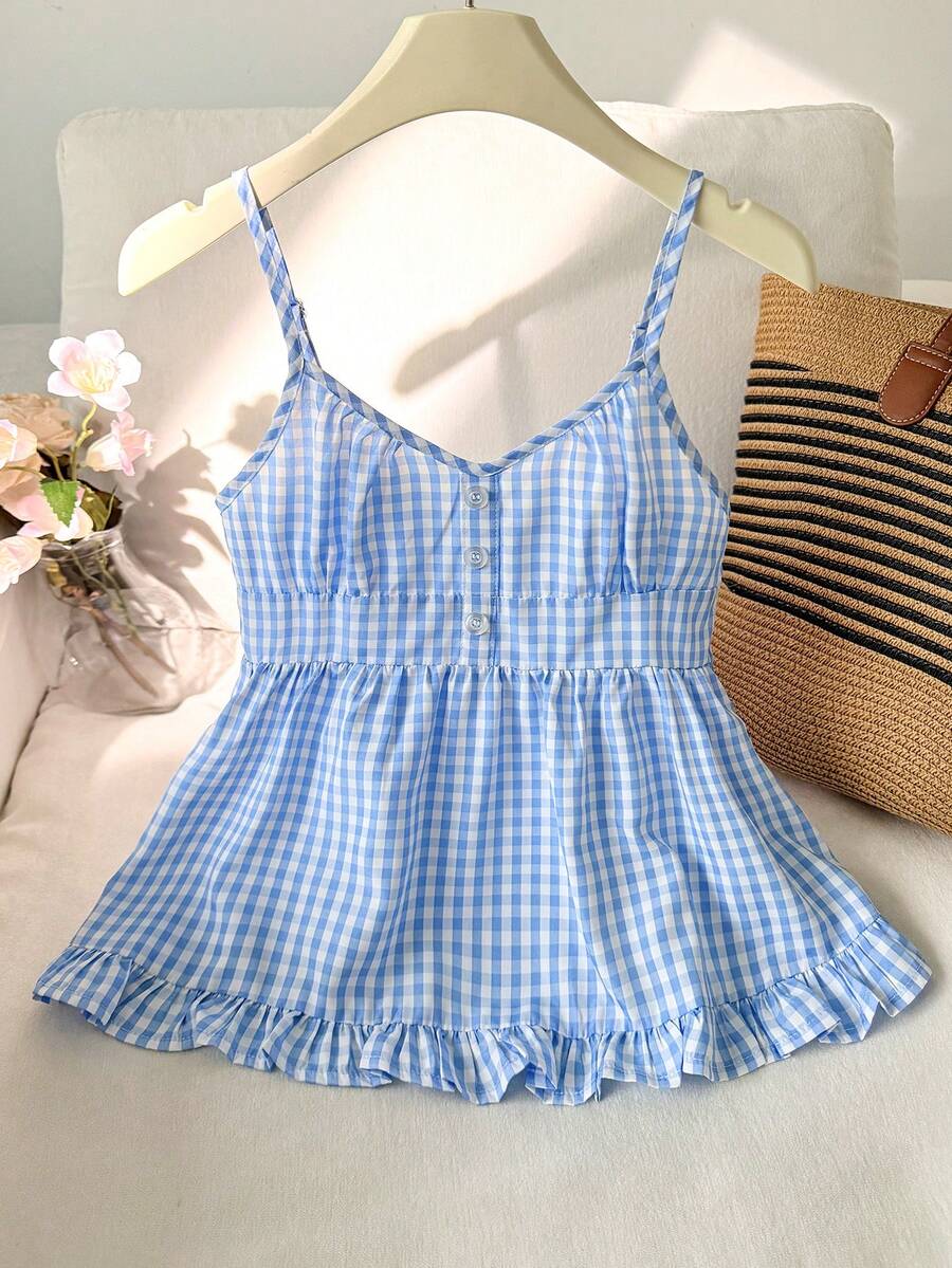 SHEIN Tween Girls Blue Plaid Camisole, Elegant Solid Color Ruffle Trim Camisole, Suitable For Summer, Vacation, Casual, Home, - Blue and White - View 1