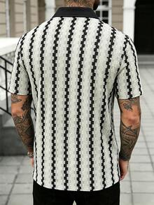 Manfinity CasualCool 男士撞色 Polo 衫，复古几何提花休闲上衣 - 橄欖綠 - 查看 2