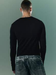 FeverCity Men's Solid Color Mesh Patchwork Crew Neck Long Sleeve T-Shirt - Black - View 2