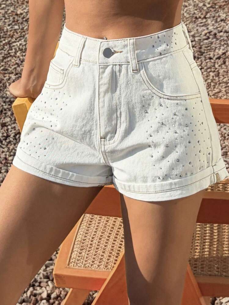 Women's Regular Waist Rhinestone Embellished Casual Vacation White Denim Shorts Jorts