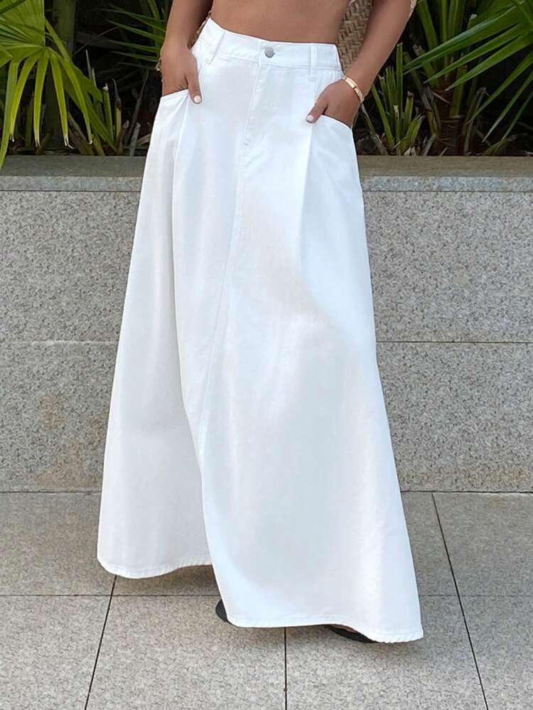 Women's Regular Waist Pleated Long Skirt, Casual Vacation Style Denim A-Line Skirt Summer