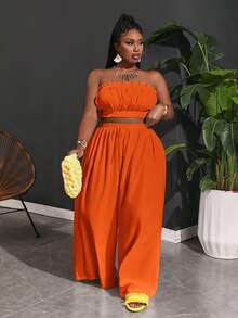 Slaydiva Women's Plus Size Ruffle Trim Cami Top & Paperbag Waist Wide Leg Pants - Orange - View 5