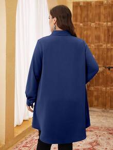 Lacomfia Camisa casual de manga larga con botones y bordado de unicolor para tallas grandes - Azul Marino - Ver 2