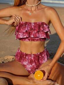 Bellisia Women's Vacation Beach Tie-Dye Print Ruffled Swimsuit Set,2026 Spring/Summer New Women's Swimwear Beach Resort Collection: Elegant, Romantic, Sexy, And Sweet; Simple, Casual, And Versatile; Uniquely Designed New Styles; Women's Beachwear, Travel Wear, Vacation Wear, Everyday Sports Swimwear, Two-Piece Sets, Multi-Piece Sets, And Multiple Colors Available, Including Bow-Tie Bikinis, Removable Bra Pads, And Vibrant Holiday-Themed Colorful Prints. Perfect For Summer Outings, Beach Vacations, Island Getaways, Sunbathing, Road Trips, Cruise Ship Banquets, Afternoon Tea, Candlelight Dinners, Romantic Dates, Private Parties, Everyday Wear, Casual Style, And Even Music Festivals. The Must-Have Swimwear For A Cool Summer Beach Trip! 2 Piece Set Two Piece Outfit Women Beach Party Outfit For Women Birthday Outfits For Women Two Pieces Retro Outfit For Women Set Rave Outfits For Women Two Piece Zestiva Swimsuit Yummy Control Bathing Suit - Red Violet - View 6
