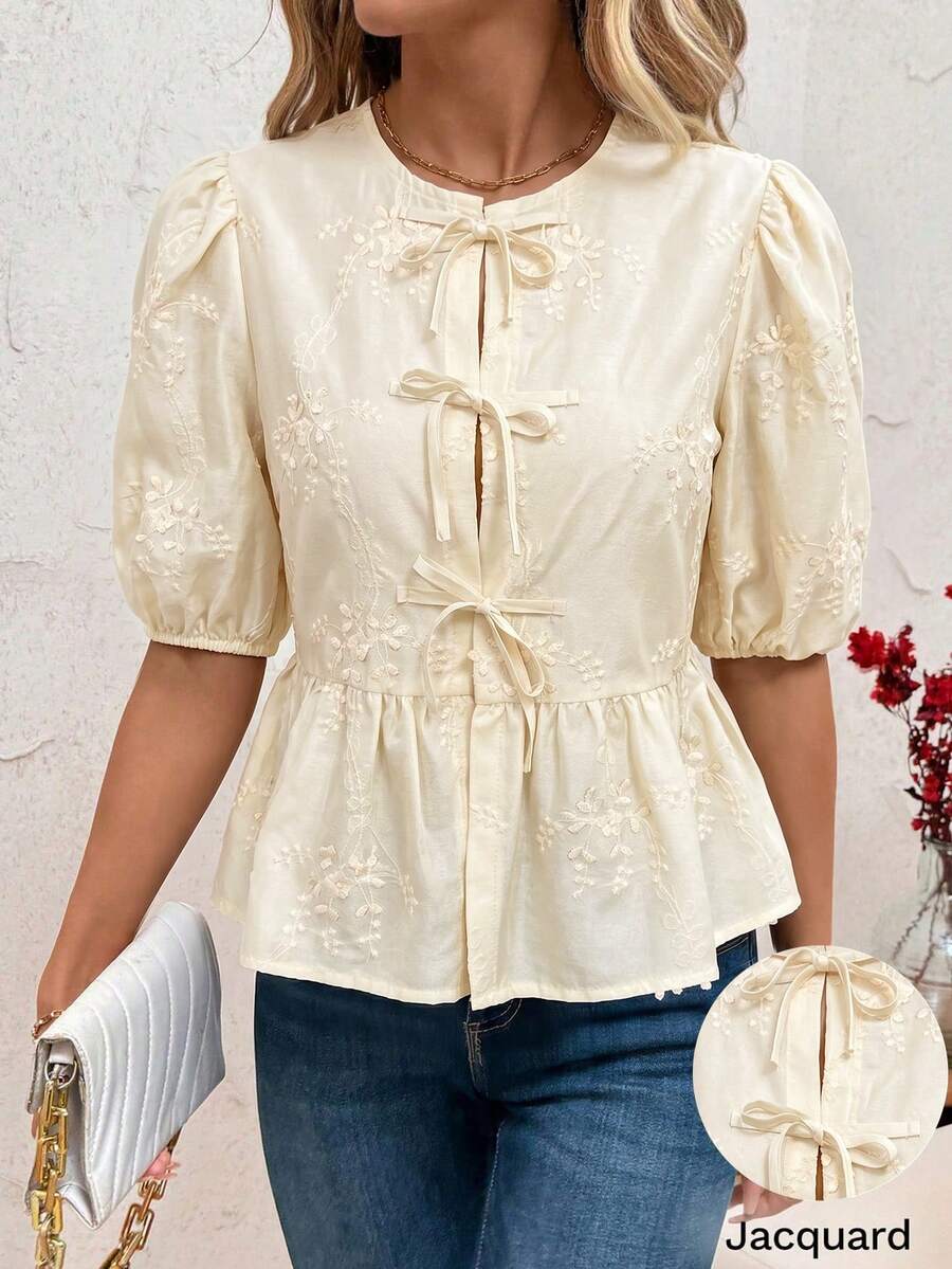 SHEIN Clasi Damen Bluse mit Frontknoten, Puffärmeln, süßer Stickerei, elegant für Urlaub, Valentinstag, Sommer, Teeparty, High Tea, Creme - Aprikosenfarben - Übersicht 1