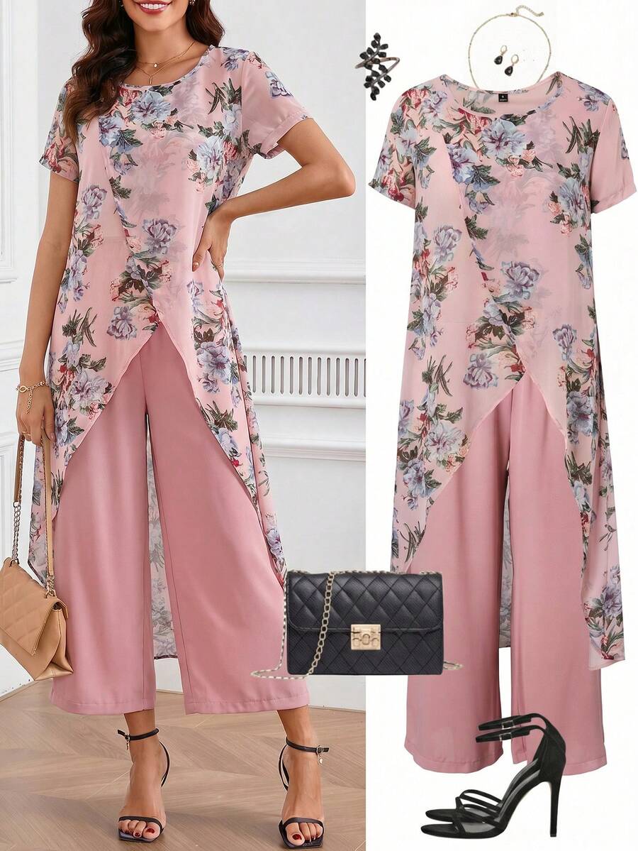 Ellevyn Bộ đồ hai mảnh dành cho nữ với đường viền không đối xứng và thiết kế đan chéo, kiểu dáng thướt tha cho mùa hè. - Hồng - Xem 1