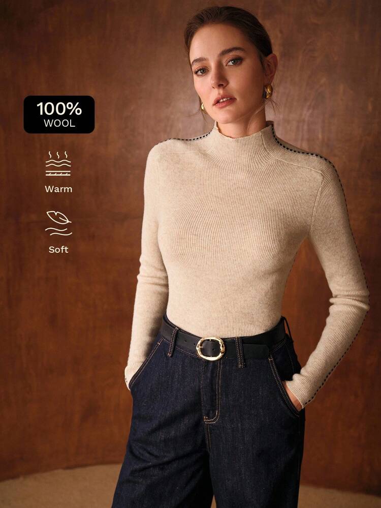 SUÉTER SLIM FIT COM GOLA FUNIL 100% TRICOTADO, DECORAÇÃO EM COR CONTRASTANTE, OUTONO/INVERNO