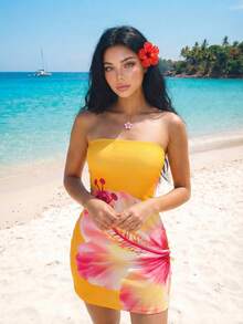 SHEIN Sweetina Đầm cúp ngực gợi cảm in hoa dành cho nữ, thời trang đi nghỉ mát. - trái cam - Xem 5