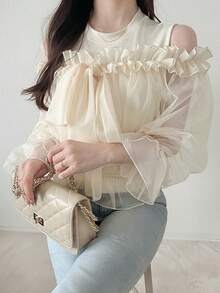 FRIFUL Women's Solid Color Sheer Mesh Fabric 2 In 1 Bowknot Ruffle Trim Sleeve Fitted Casual Versatile Two Pieces Set - Apricot - View 10