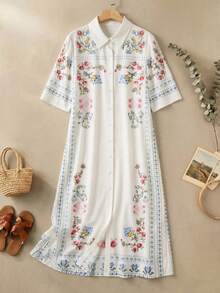 Rusticease Đầm dài tay lửng cài cúc phía trước in họa tiết hoa retro dành cho nữ, thích hợp cho mùa hè. - Nhiều màu - Xem 3
