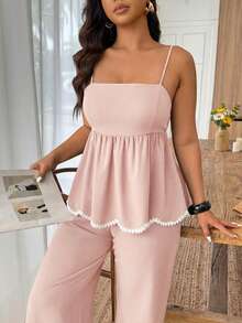 Weeklong Plus Size Women's 2 Pieces Wave Heart Ribbon Contrast Color Linen-Like Casual Commuter Suit, Spring/Summer - Pink - View 4