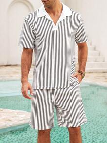 Mercer Haus Men's Vacation Striped Jacquard Short Sleeve Polo Shirt And Casual Shorts Set - White - View 5
