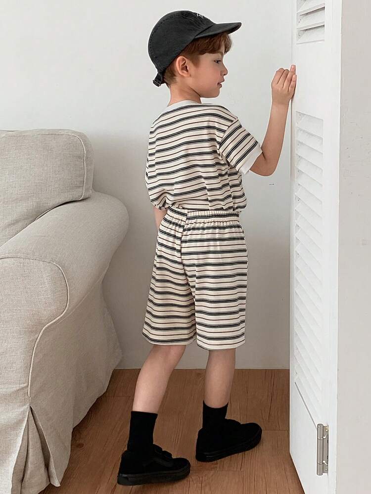 Striped Crew Neck Casual Short Sleeve Relaxed Style + Elastic Waist Shorts Set, Toddler Boys (Small) T-Shirt Set