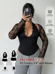 SHEIN Tall CURVE Áo kiểu gợi cảm cổ chữ V khoét sâu phối ren tương phản dành cho nữ cỡ lớn - màu đen - Xem 2