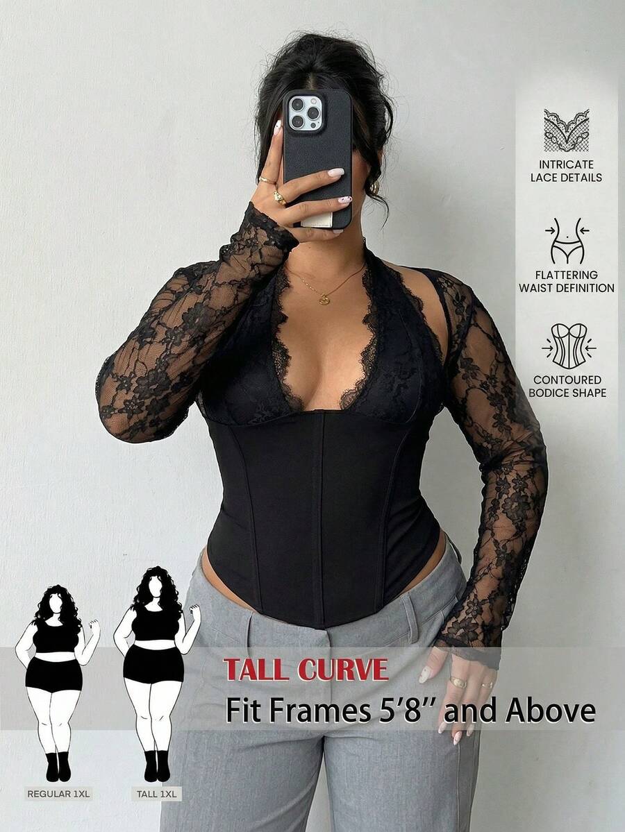 SHEIN Tall CURVE Áo kiểu gợi cảm cổ chữ V khoét sâu phối ren tương phản dành cho nữ cỡ lớn - màu đen - Xem 1