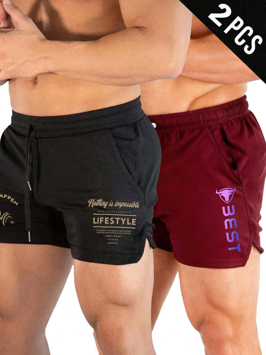 Gym Rark 2pcs Men's Letter Print Drawstring Waist Sports Shorts, Lightweight Active Gym Workout Athletic Running Shorts - Burgundy - View 1