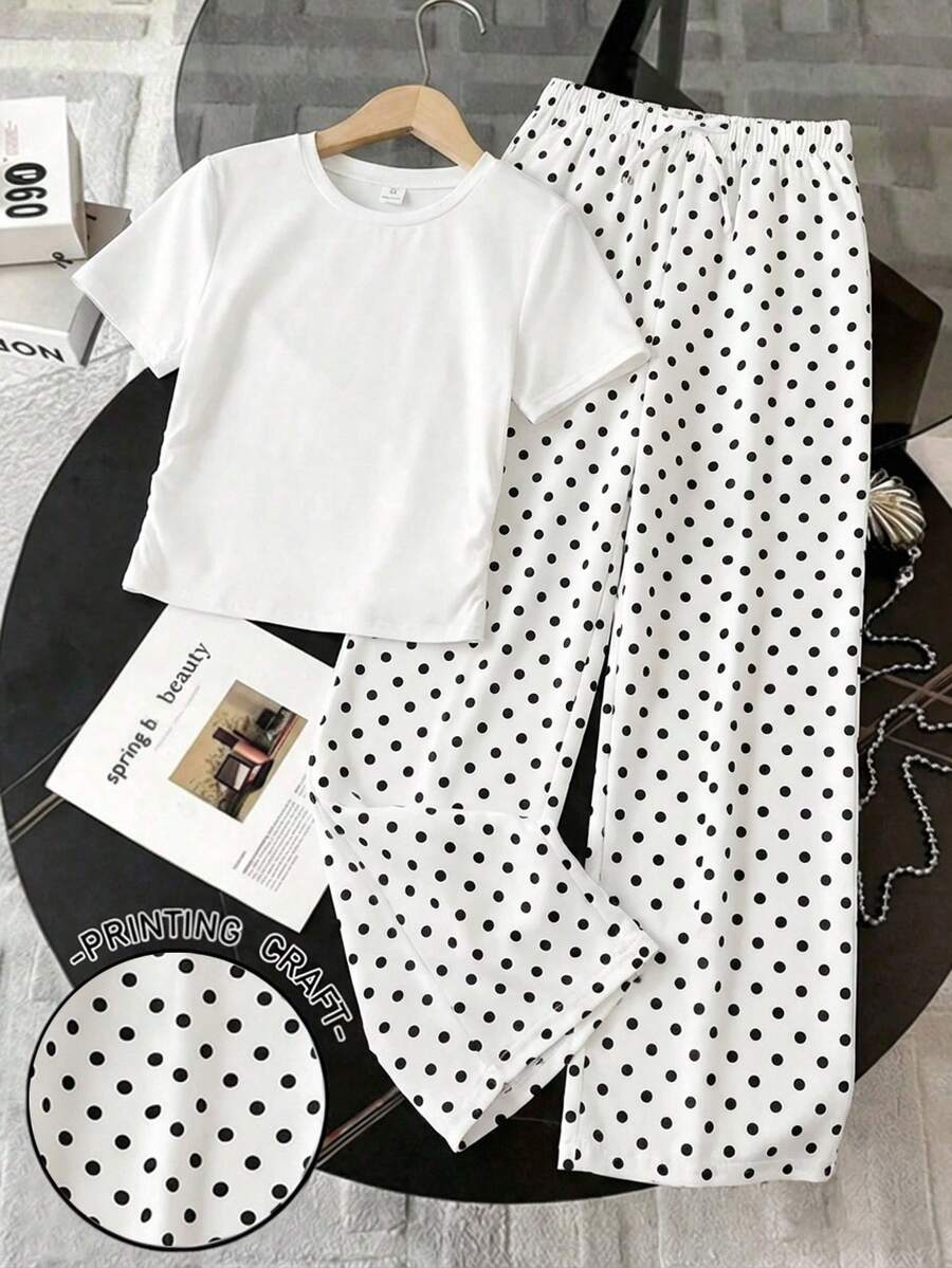 SHEIN 青少年女孩白色純色圓領短袖T恤搭配黑白條紋寬腿褲,女孩時尚套裝,休閒日常返校校園度假穿搭 - 黑與白 - 查看 1