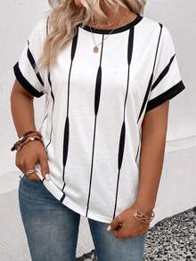 Plus Size Women Round Neck Color Block Casual Everyday T-Shirt - Multicolor - View 3